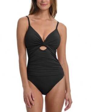 La Blanca Island Goddess Black Twist Front One Piece Swimsuit Size 12